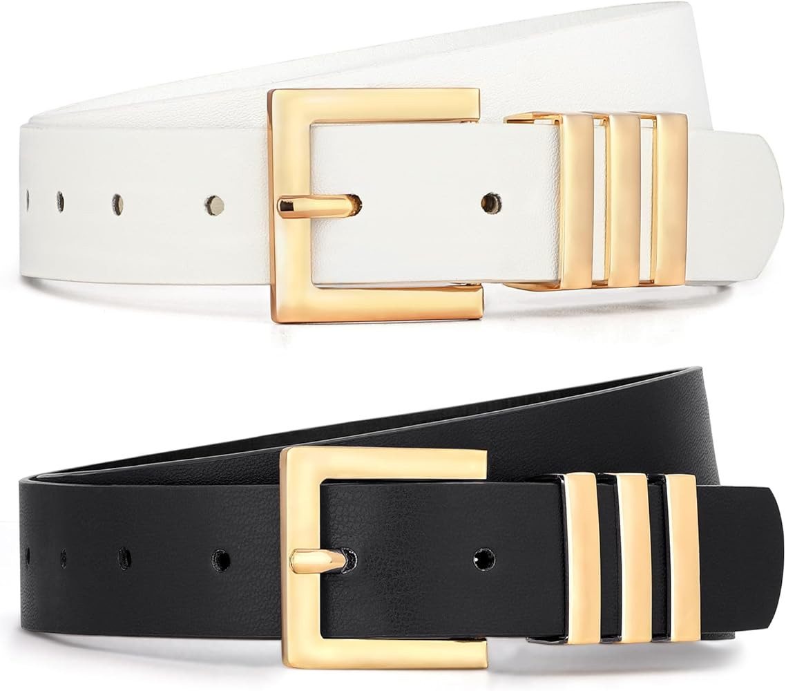 WHIPPY 2 Pack Women's Leather Belts Fashion Square Gold Buckle Ladies Belt for Jeans Pants Dress | Amazon (US)