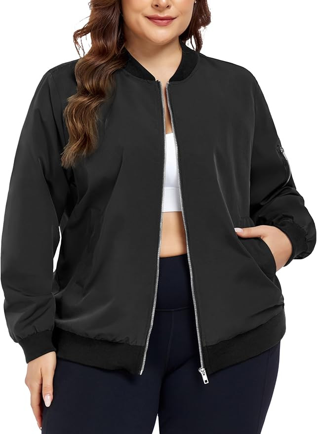 FOREYOND Women's Plus Size Bomber Jacket Zip Up Lightweight Coat Casual Cropped Windbreaker Outwe... | Amazon (US)