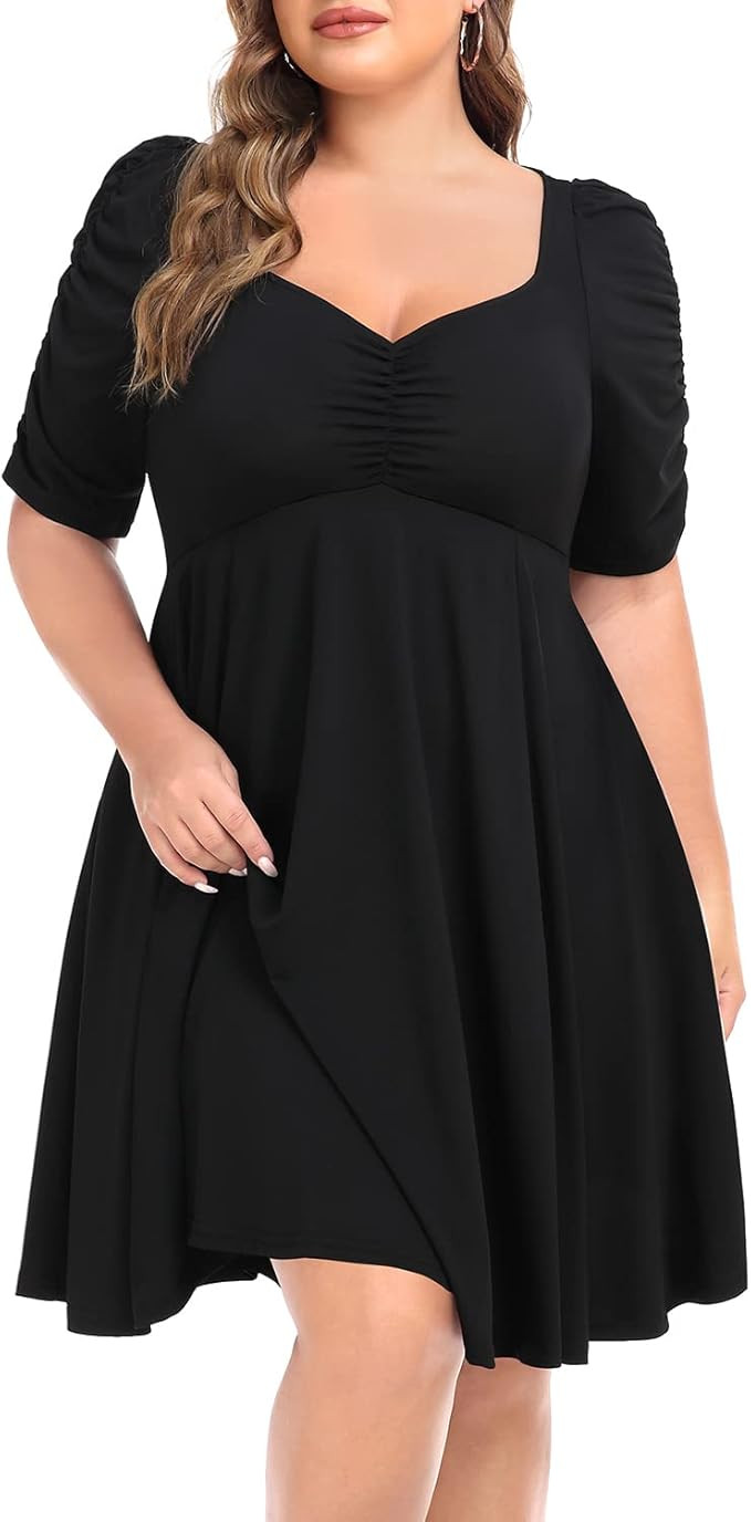 Women's Puff Sleeve Sweetheart Neckline A-Line Skater Casual Dress with Pockets | Amazon (US)