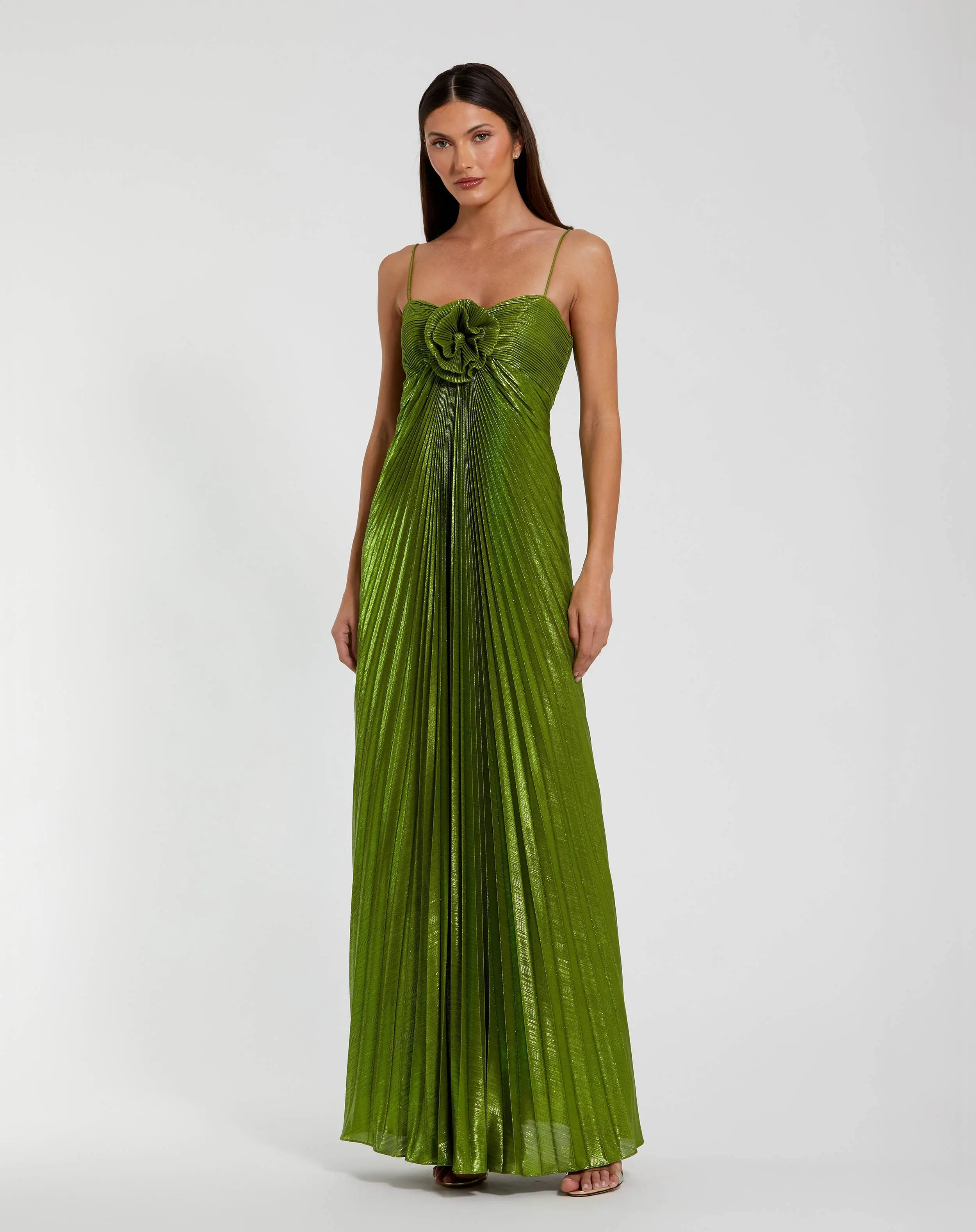 Green Metallic Pleated Gown with 3D Flower | Mac Duggal | Mac Duggal