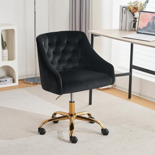 MOJAY Velvet Office Swivel Chair, Vanity Fabric Desk Pretty Fancy Gold Office Chairs for Girls, 360°Swivel Height Adjustable Reception Chair (Black) | Amazon (US)