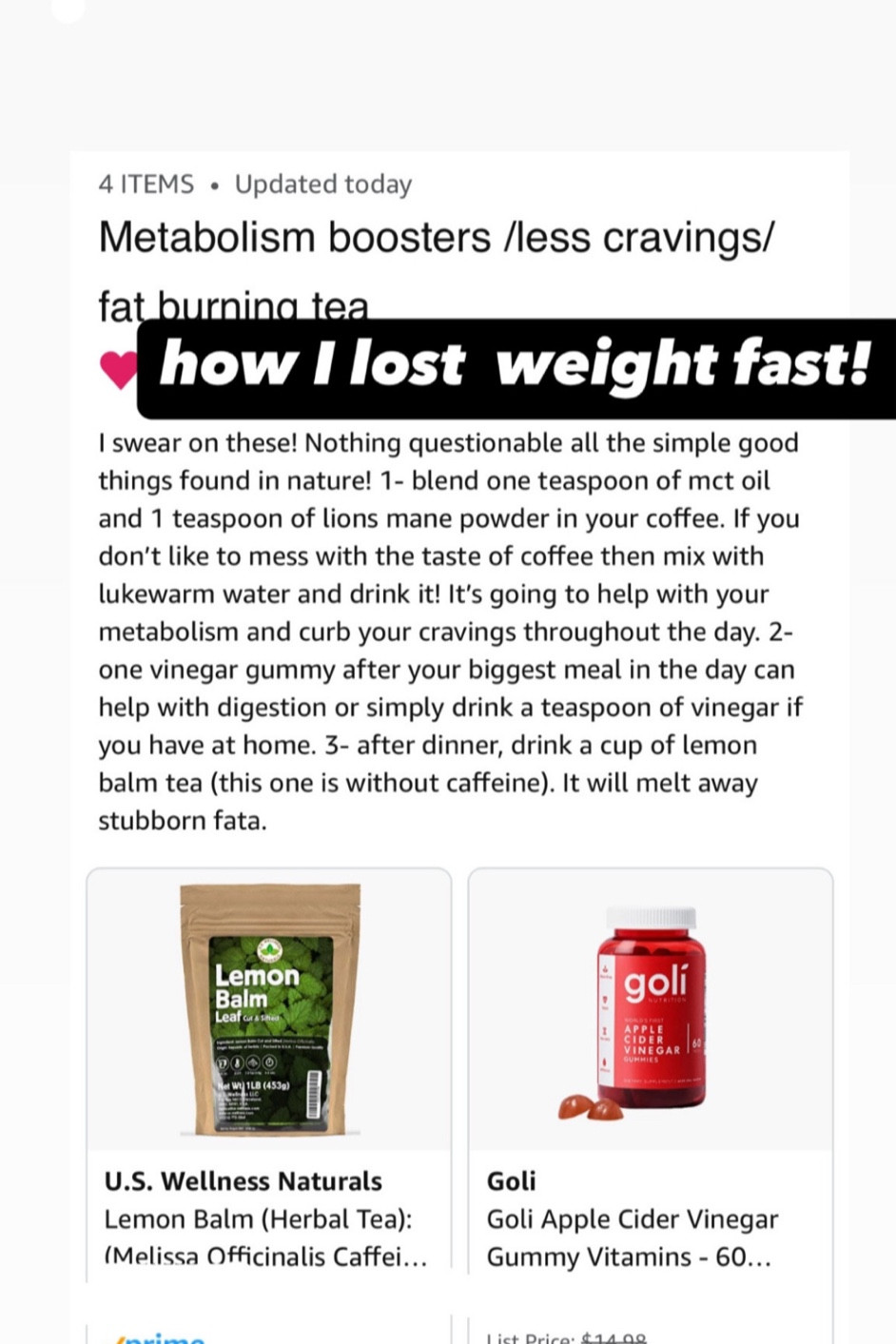 Added all in my Amazon storefront (click “shop exact product” to find all four exact products I use on Amazon directly in my storefront!)
Learnt this tip from my famous nutritionist/ author/ doctor! She’s awesome. She saved this one until session five :).  ( yep it a was an expensive nutritional therapy so far .  But I learnt soooo many things.  And I am happy to share this cravings management /fat burner tip as I know the struggle is real!) It works!!

Any questions please use comment box below!!

I swear on these! Nothing questionable all the simple good things found in nature! 
1- blend one teaspoon of mct oil and 1 teaspoon of lions mane powder in your coffee. If you don’t like to mess with the taste of your coffee then mix with lukewarm water and drink it! It’s going to help with your metabolism and curb your cravings throughout the day. 2- one apple cider vinegar gummy after your biggest meal in the day can help with digestion or simply drink a teaspoon of vinegar if you have at home. 3- after dinner, drink a cup of lemon balm tea (this one is without caffeine). It will melt away stubborn fats!#diet #weightloss #fitness #workout #metabolism #founditonamazon

#LTKBaby #LTKOver40 #LTKKids