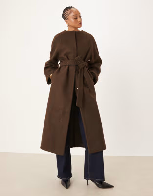 ASOS DESIGN Tall collarless boucle longline formal coat in bitter chocolate | ASOS (Global)