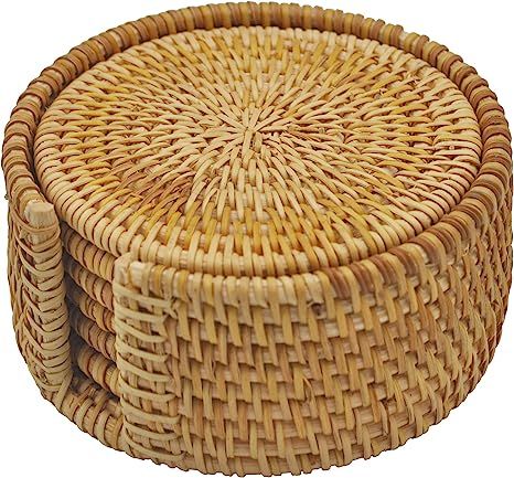 Set 6 Pcs with Holder Handwoven Rattan Coasters - Cup Base Plates & Dishes Insulated Hot Pads Pot... | Amazon (US)
