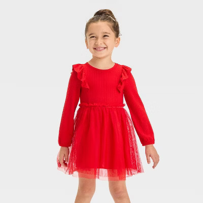 Toddler Girls' Long Sleeve Solid Knit Tulle Dress - Cat & Jack™ Red 4T | Target
