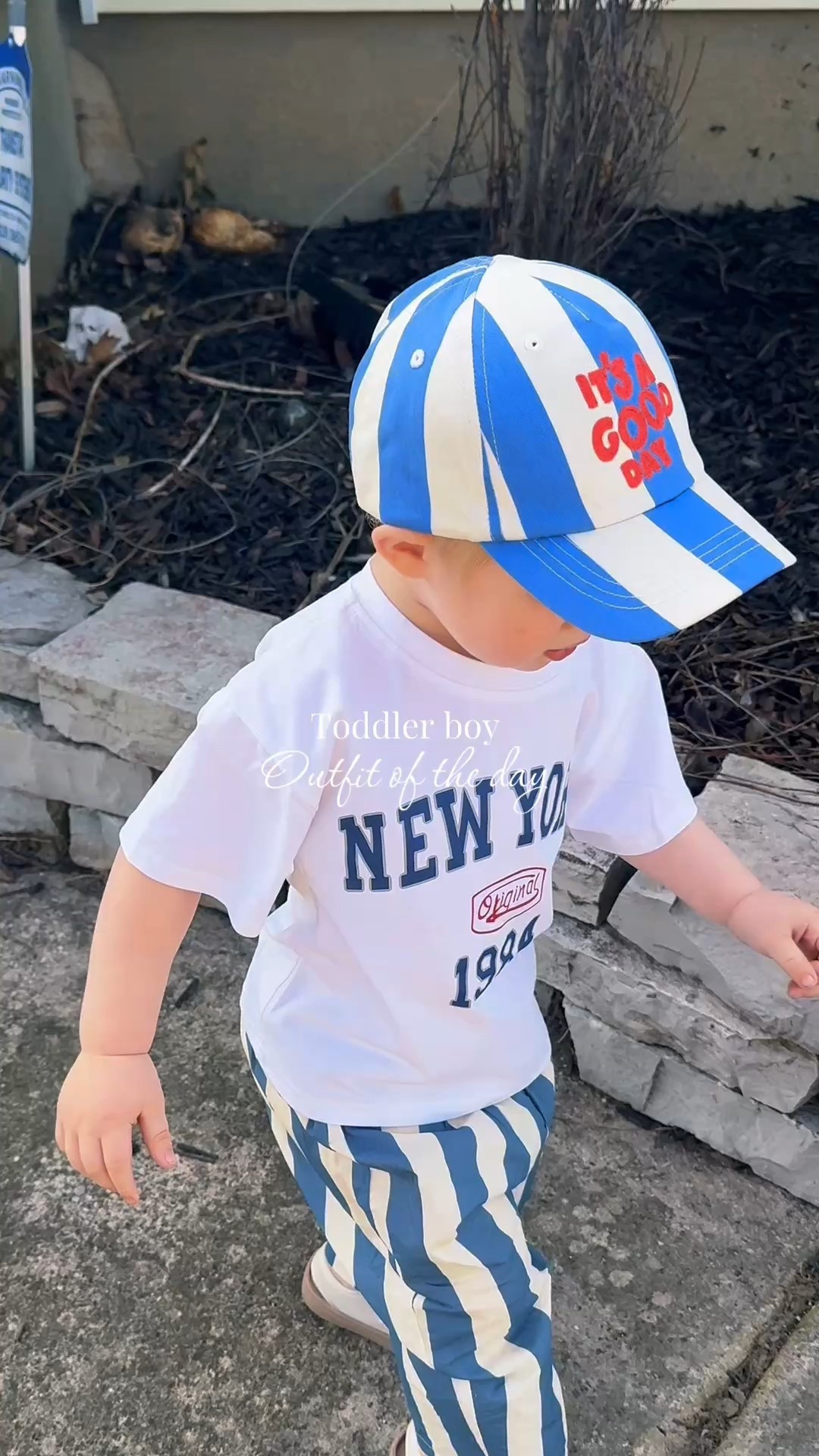 Toddler boy outfit! The pants are AliExpress can’t link them but search toddler boy trousers! Hat H&M tshirt came in a set from Temu🩵