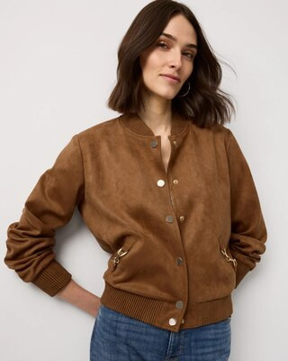 Women's Faux Suede Bomber Jacket in Brown size XXS | White House Black Market | White House Black Market