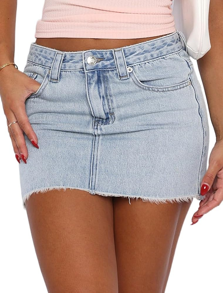 Just Quella Women's Washed Vintage Jean Skirt Fringed Slim Fit Denim Mini Skirt | Amazon (US)