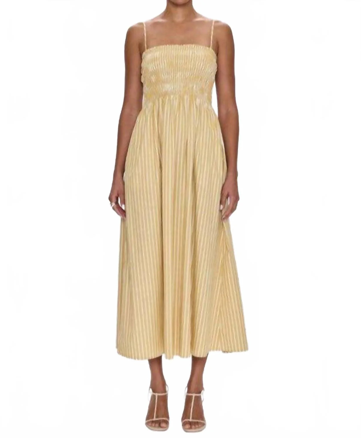 Bianca Shirred Bodice Dress In Beach Sand Stripe | Shop Simon