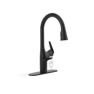 Safia 1-Handle Pull Down Sprayer Kitchen Faucet with Integrated Soap Dispenser in Matte Black | The Home Depot