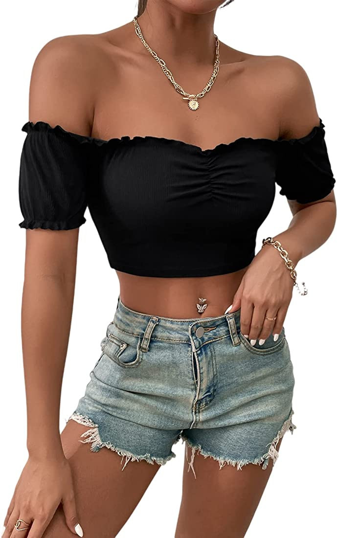 SOLY HUX Women's Off Shoulder Frill Trim Ruched Short Sleeve T Shirt Crop Tops | Amazon (US)