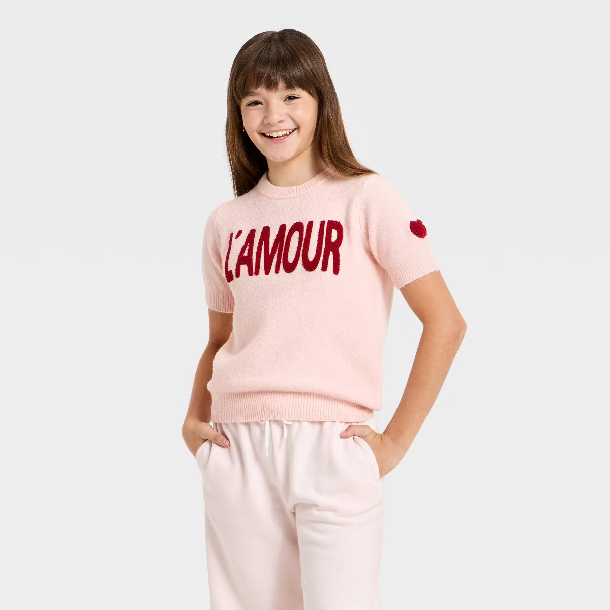 Girls' "L'amour" Graphic Short Sleeve Sweater - art class™ Pink | Target