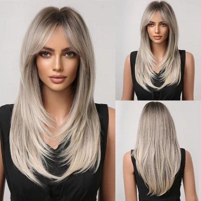 Long Straight Synthetic Wig with Curtain Bangs for Women Ash Grey Brown Ombre High Layered Hair for Natural Chic Daily Look  22 | Target
