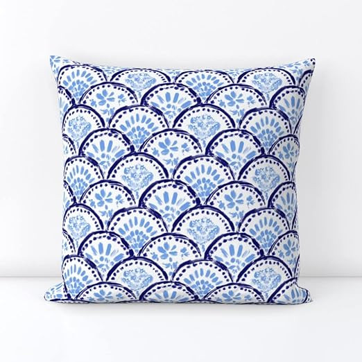 Spoonflower Square Throw Pillow, 18", Linen Cotton Canvas - Blue Waves Chinoiserie Cobalt White A... | Amazon (US)
