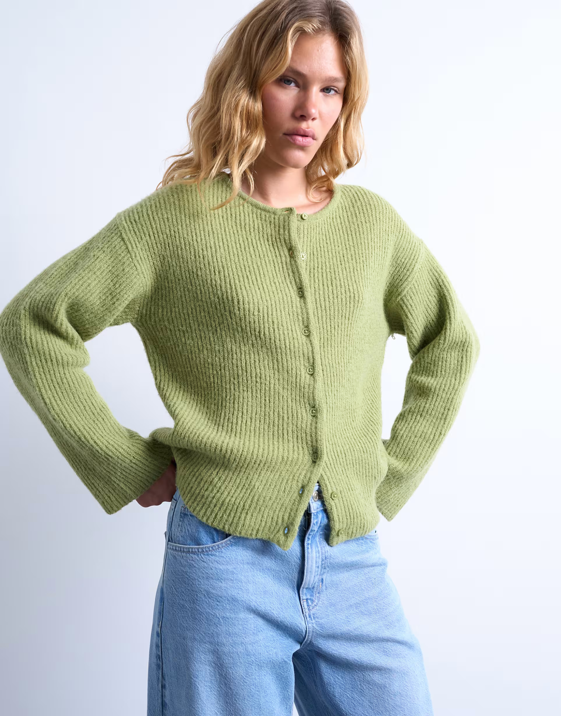 Topshop knitted easy ribbed relaxed cardigan in green | ASOS (Global)
