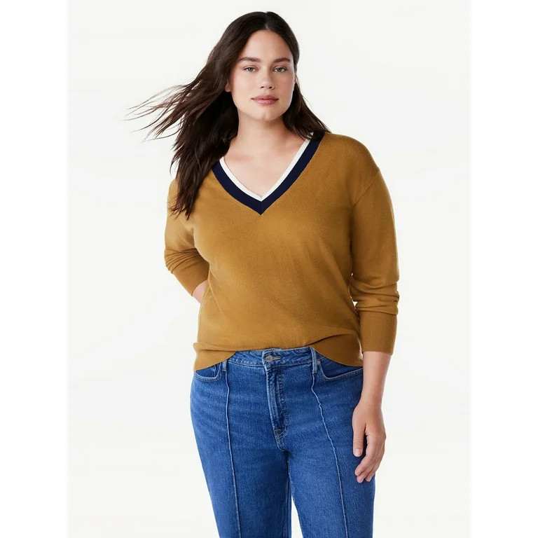 Free Assembly Women’s Contrast V-Neck Sweater with Long Sleeves, Midweight, Sizes XS-XXL | Walmart (US)