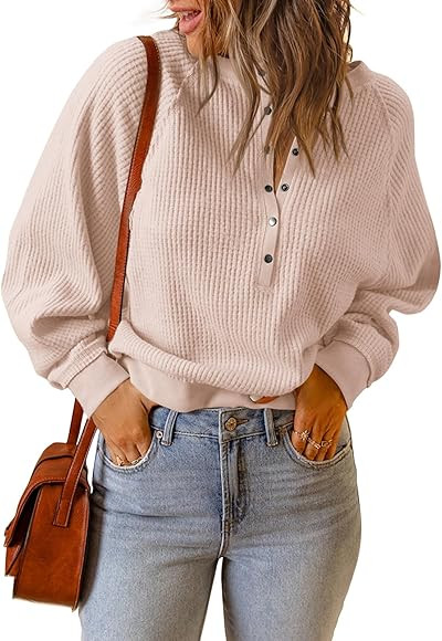 PRETTYGARDEN Women's Long Sleeve Waffle Knit Sweater Fall Button Pullover V Neck Loose Crop Top | Amazon (US)
