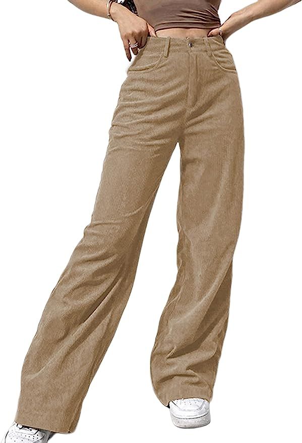 Himosyber Womens Corduroy Pocketed Pant High Waist Pleated Wide-Leg Loose Hipster Trousers | Amazon (US)