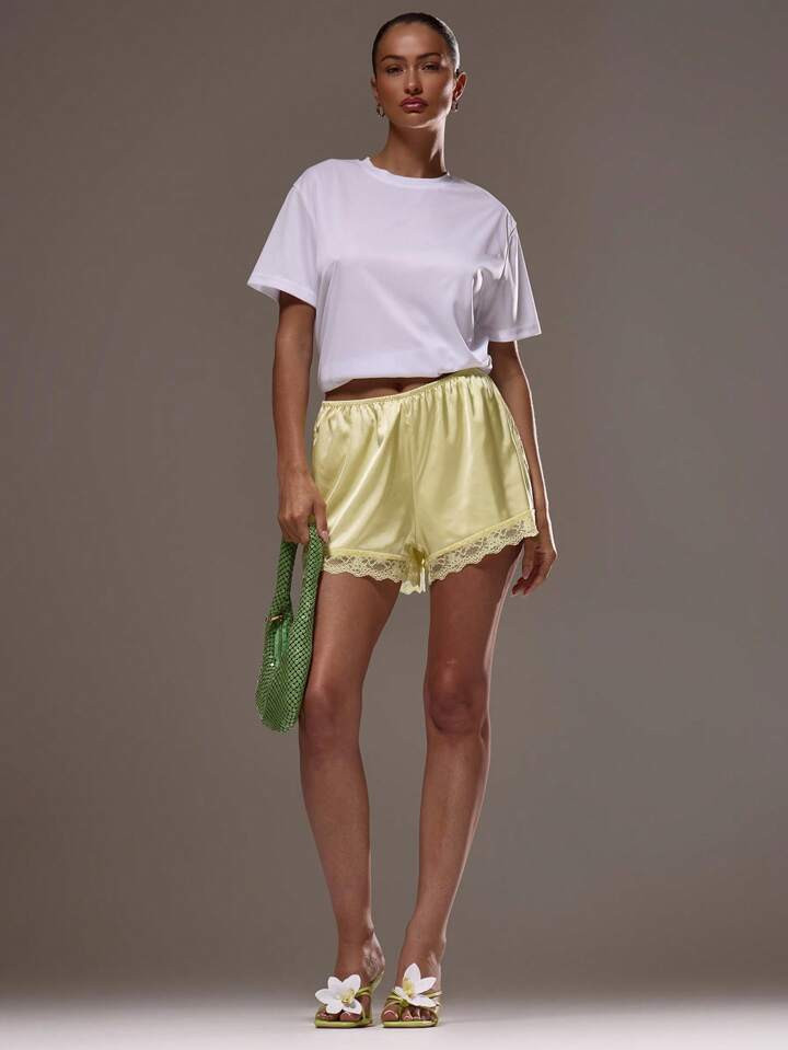 MUSERA Elasticated Satin Pull On Lace Trim Shorts Spring Cute Summer Vacation Boho Spring Summer ... | SHEIN
