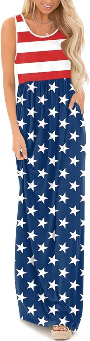 For G and PL Women's 4th of July American Flag Sleeveless Tank Maxi Dress with Pockets | Amazon (US)