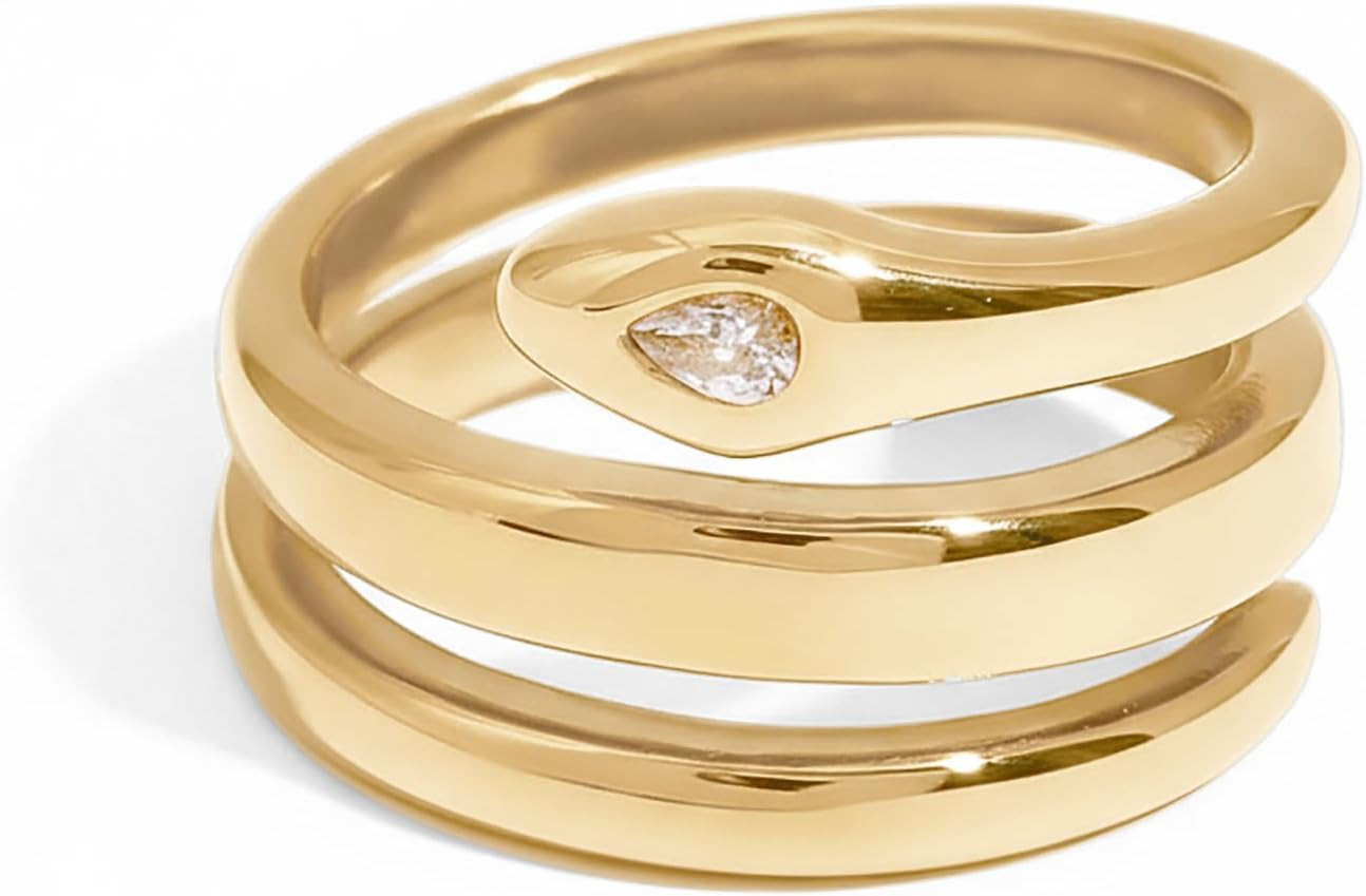 PAVOI Waterproof Open Wrap Ring for Women - 14K Gold Plated Snake Gold Band with Cubic Zirconia - Double Open Wrap Around Rings - Stainless Steel Trendy Summer Jewelry | Amazon (US)