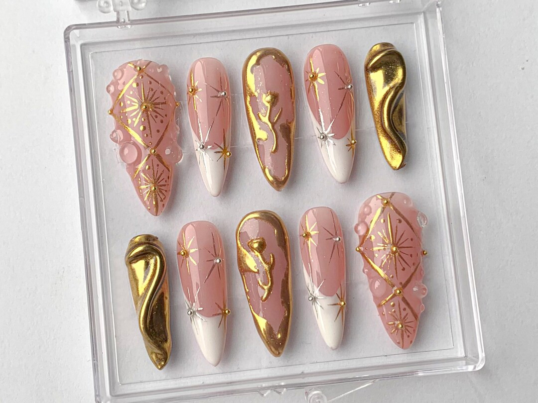 Luxury Gold Swirl Press on Nails | Elegant Gold-infused Nail Art | Modern Pink Press on Nails Wit... | Etsy (US)