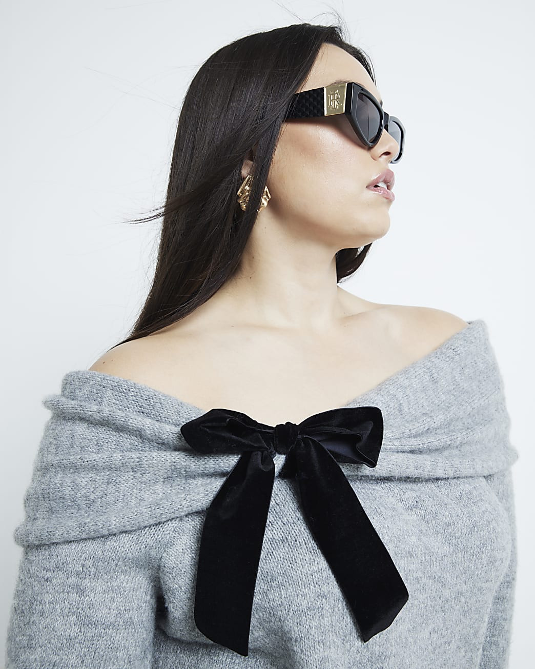 Plus Grey Long Sleeve Bardot Bow Jumper | River Island (UK & IE)