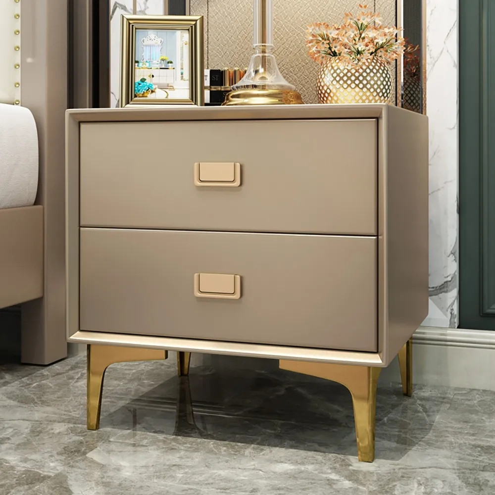 Modern Champagne Nightstand 2-Drawer Bedside Table in Gold Finish Set of 2 | Homary