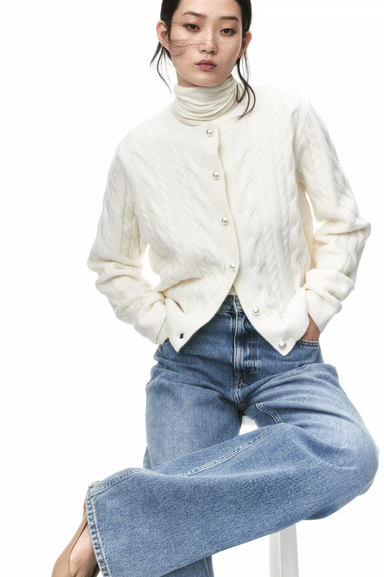 Cable-knit cardigan - White - Ladies | H&M GB | H&M (UK, MY, IN, SG, PH, TW, HK)