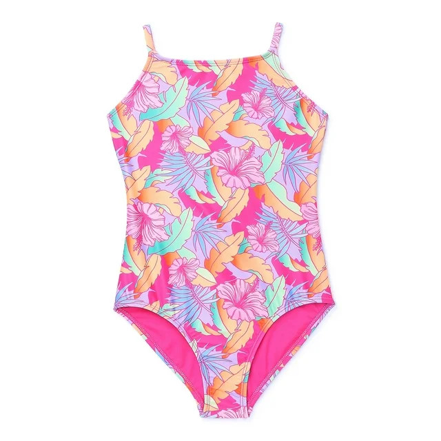 Wonder Nation Girls Crossback Tropical One-Piece Swimsuit with UPF 50+, Sizes 4-18 & Plus | Walmart (US)