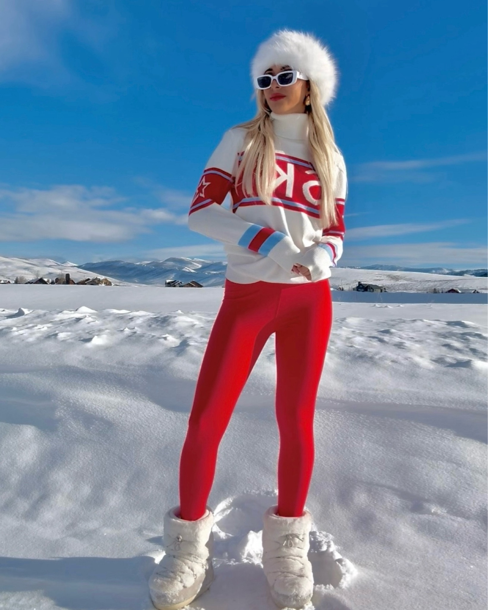 Ski sweater, red ski outfit, red winter look, iconic winter outfits, ski vacation outfit inspo, red leggings, ski in sweater, winter fashion trends, Russian fur hat, faux fur headband, white retro sunglasses, fur boots, Steve Madden winter boots, snow photos, photoshoot in the mountains, winter poses, snow outfit, schild sweater, ski letter sweater, apres ski

#LTKSeasonal #LTKbeauty #LTKtravel