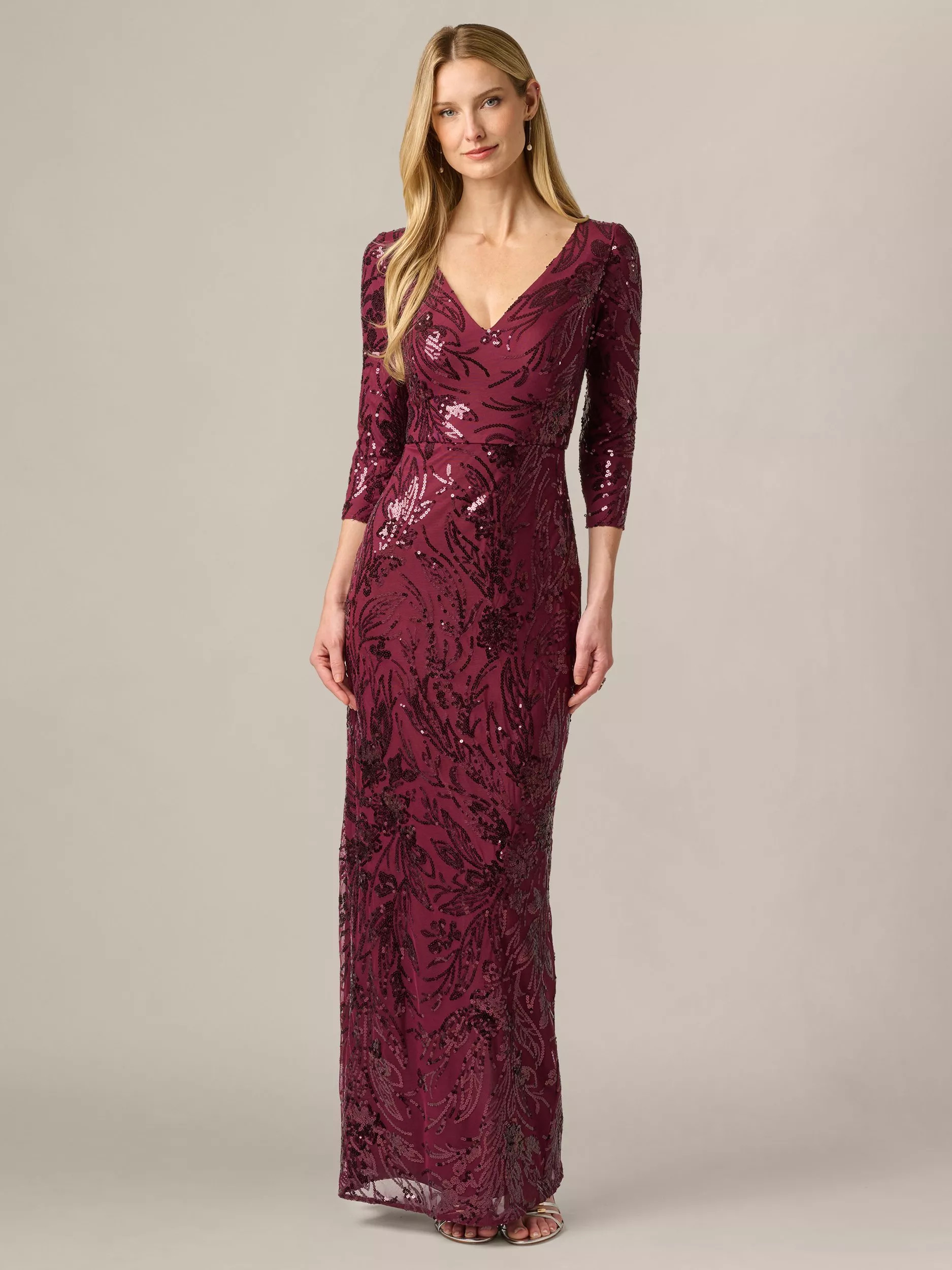 Adrianna Papell Studio V Neck Sequin Embellished Maxi Dress, Deep Wine | John Lewis (UK)