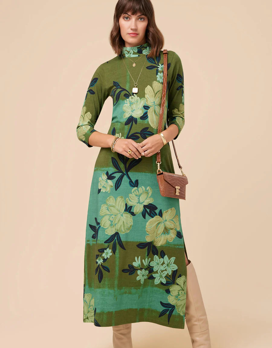 Naomi Midi Dress Serpentine Floral Pane Teal | Spartina 449