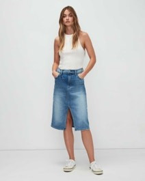 Beauty Denim Slit Front Midi Skirt With Destroy in Fig Leaf | 7 For All Mankind