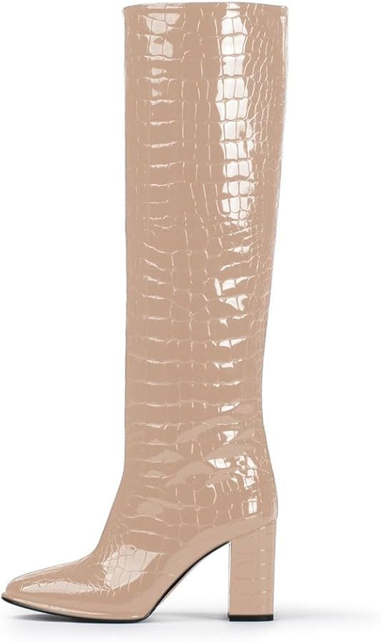 anteikira Women's Chunky Heel Round Toe Knee High Boots Crocodile High Heel Long Boots Fashion Pu... | Amazon (US)