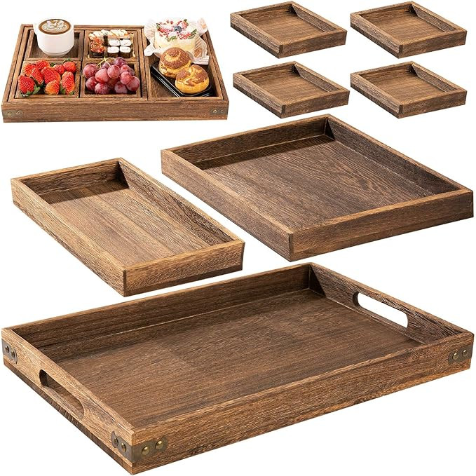 Yangbaga Rustic Wooden Serving Trays with Handle - Set of 7 Rectangular Platters for Entertaining... | Amazon (US)