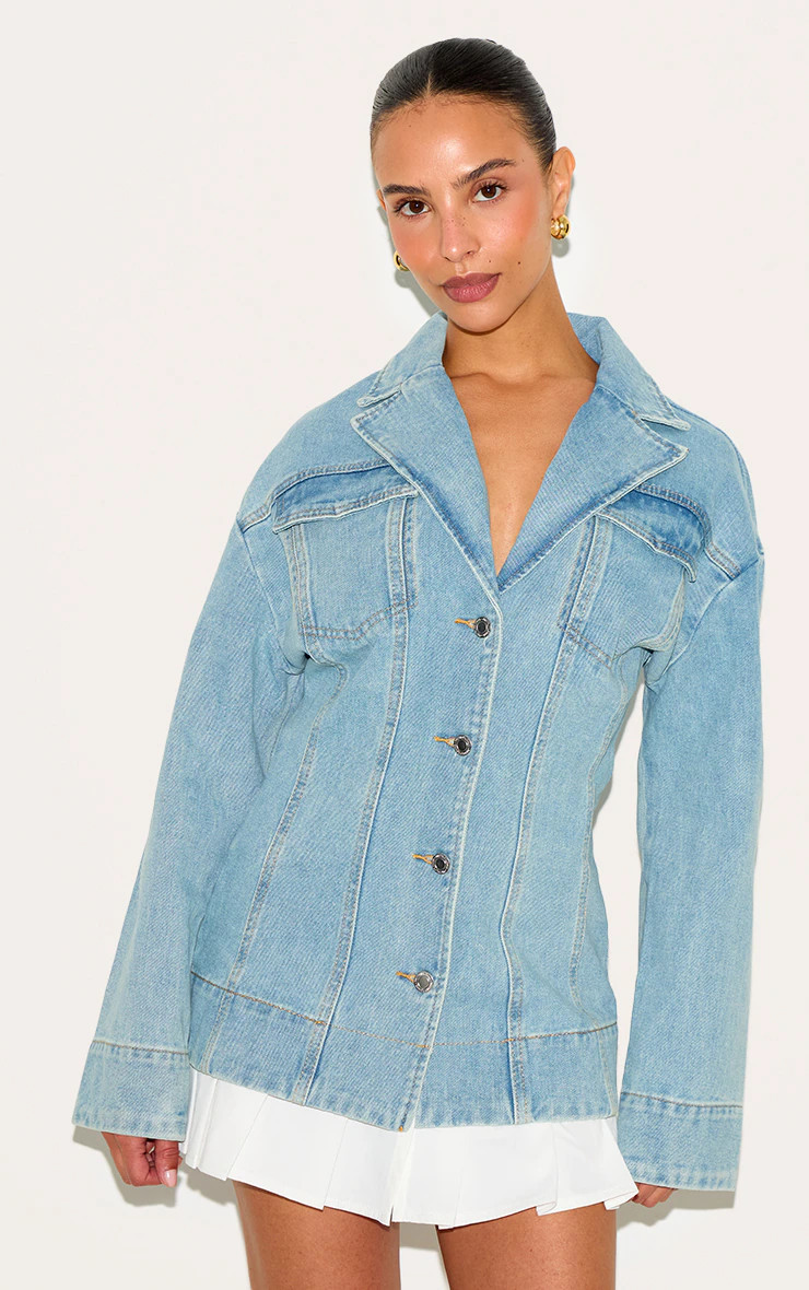 Petite Light Blue Denim Fitted Mini Dress With Pleat Details | PrettyLittleThing US