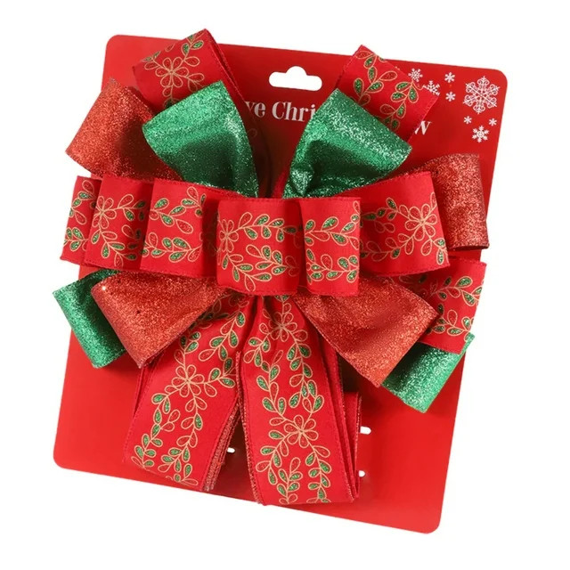 13" Decorative Christmas Tree Topper Bow (2.5" Wired Ribbon) | Red/Green Glitter Printed Floral | Walmart (US)