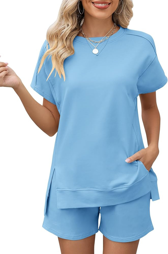 LOMON Womens Fashion 2 Piece Outfits Sweatsuits 2026 Summer Short Sleeve Loungewear Tracksuit Rou... | Amazon (US)