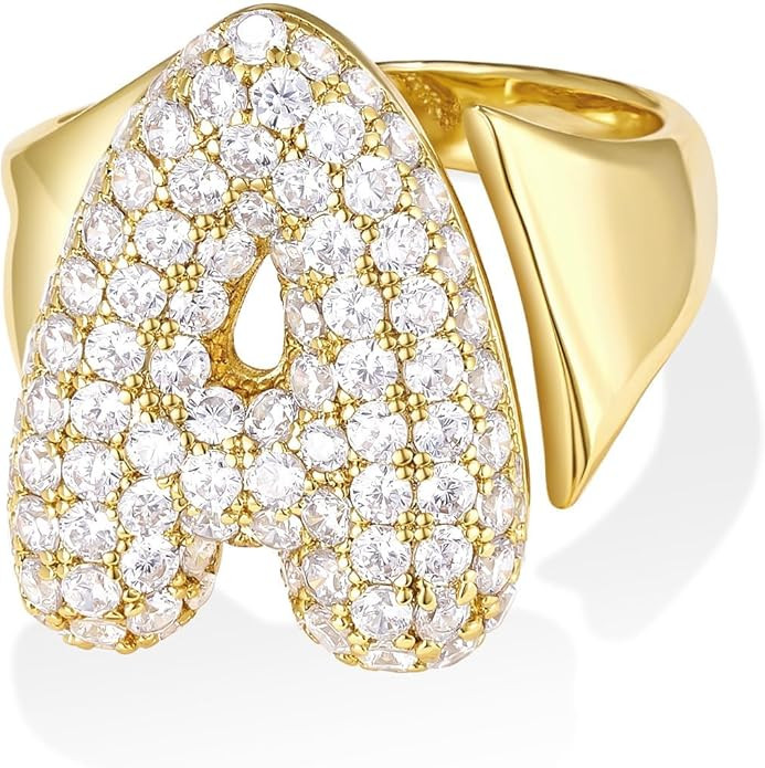 KissYan Bubble Initial Ring for Women, 14k Gold Plate Balloon Jumbo Letter Rings Open Adjustable ... | Amazon (US)