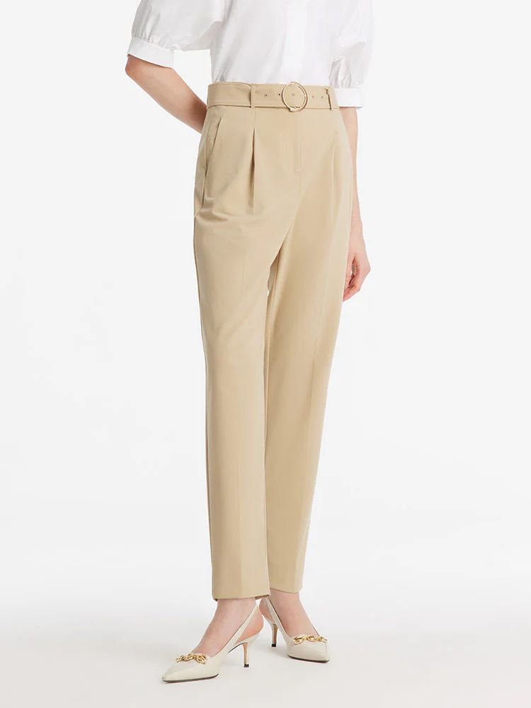 High-Waisted Ruched Tapered Women Pants With Belt | GOELIA