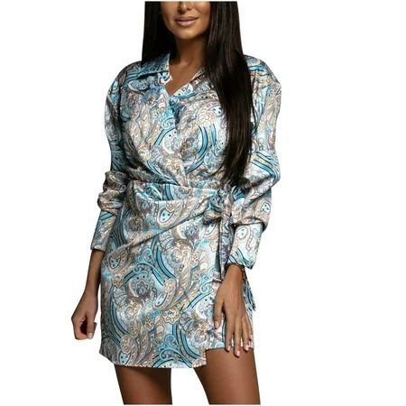 Womens Long Sleeve Shirt Dress Wrap V Neck Collared Fashion Floral Print Short Mini Dress Tie Waist  | Walmart (US)
