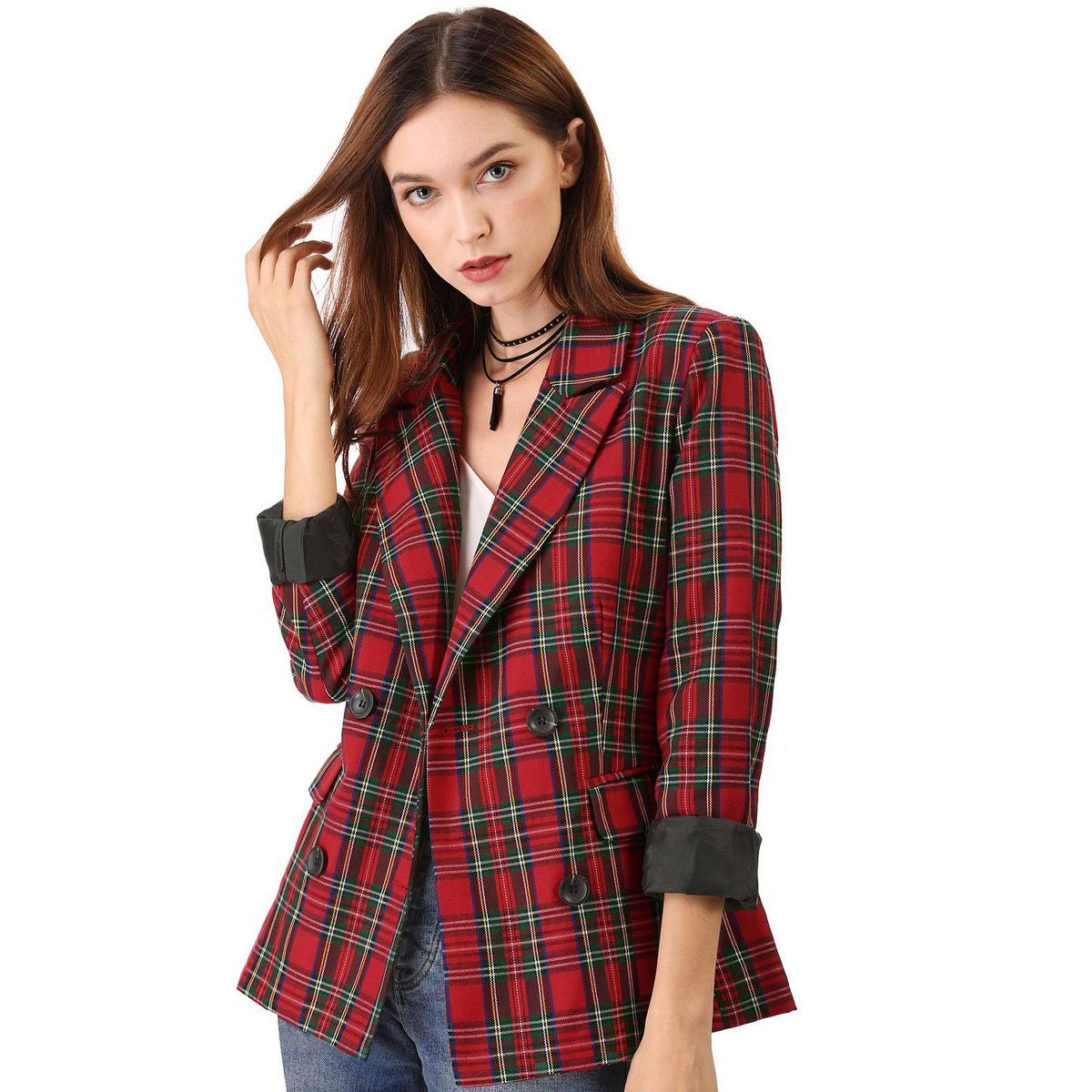 Allegra K Women's Casual Fit Notched Lapel Double Breasted Plaid Formal Blazer | Target