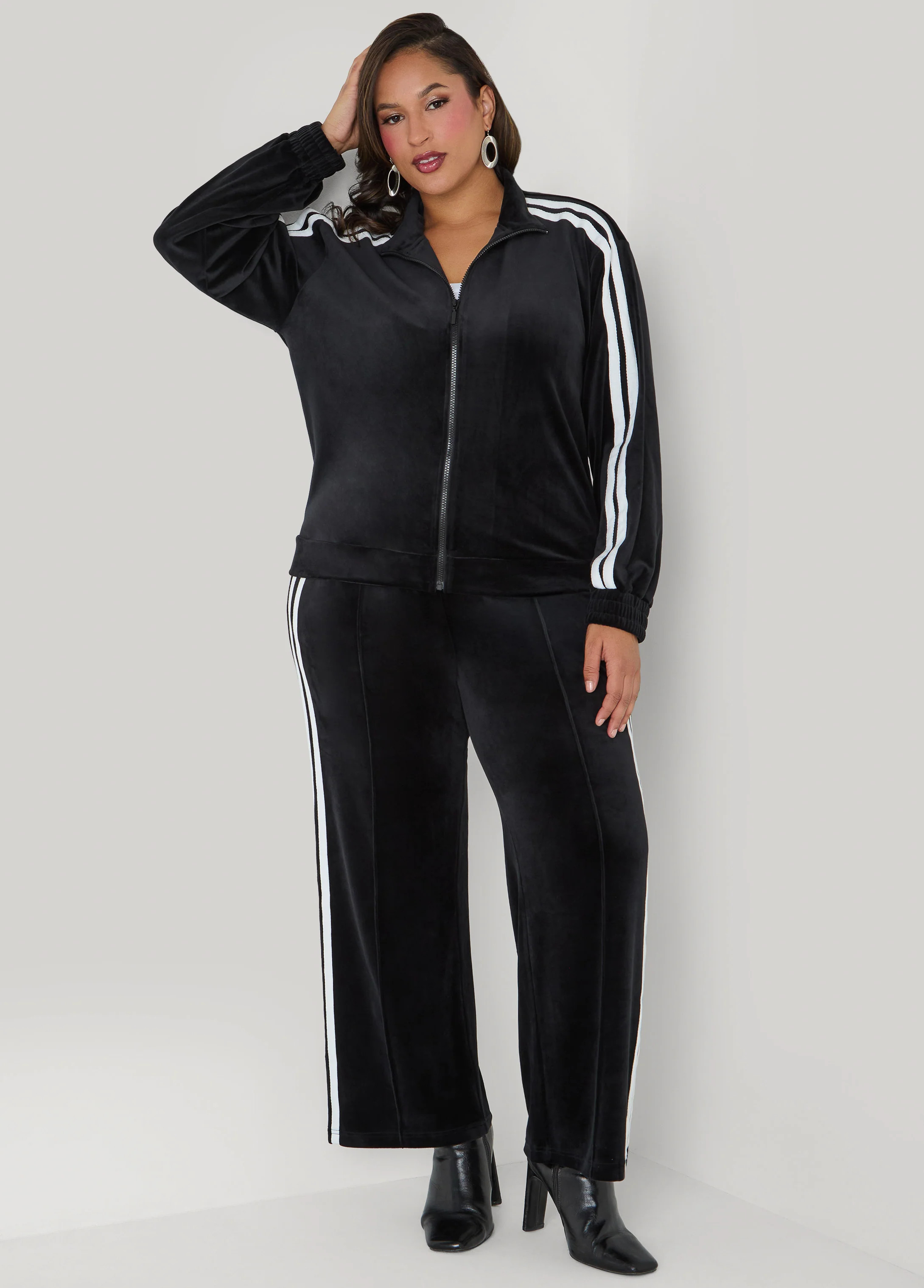 Stripe Trimmed Velour Track Pants | Ashley Stewart