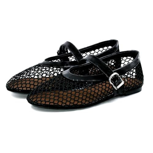 VBDB Black Mesh Ballet Flats for Women Buckle Strap Round Toe Wide Width Mesh Mary Jane Flats Casual Ballerina Shoes Black 8.5 | Amazon (US)