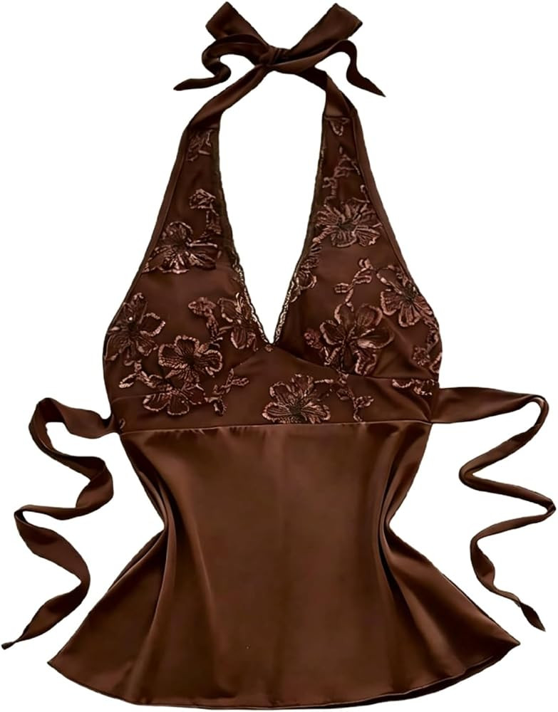 WDIRARA Women's Floral Embroidery Sequin Halter Top Deep V Neck Tie Backless Sleeveless Tops | Amazon (US)
