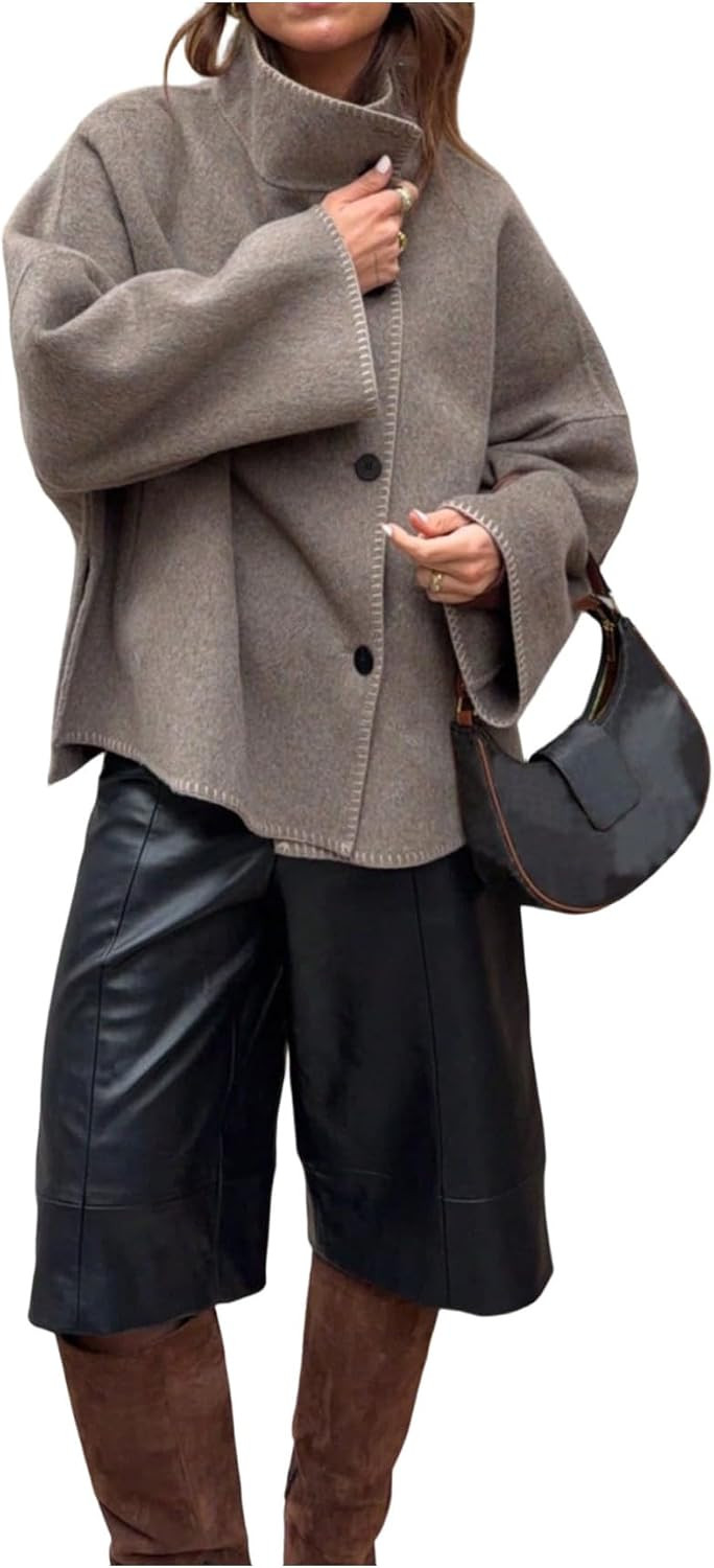 OYOANGLE Women's Stand Collar Jacket Button Down High Neck Coat with Pocket | Amazon (US)