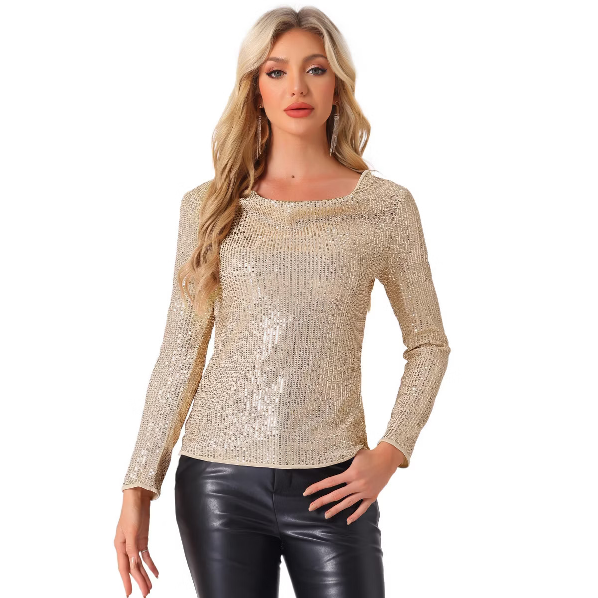 INSPIRE CHIC Women's Sequin Glitter Cowl Neck Long Sleeve Sparkle Clubwear Blouse | Target