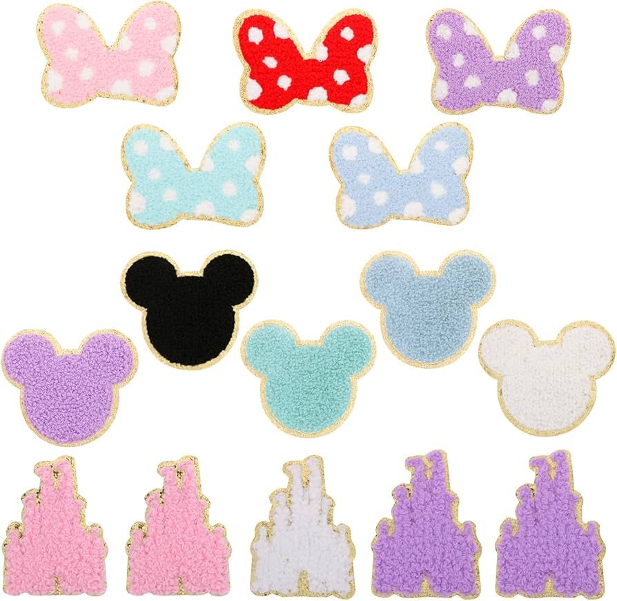 15 PCS Colorful Bowknot Mouse Chenille Iron on Patches, UHOMENY Cute Castle Bow Mouse Embroidered... | Amazon (US)