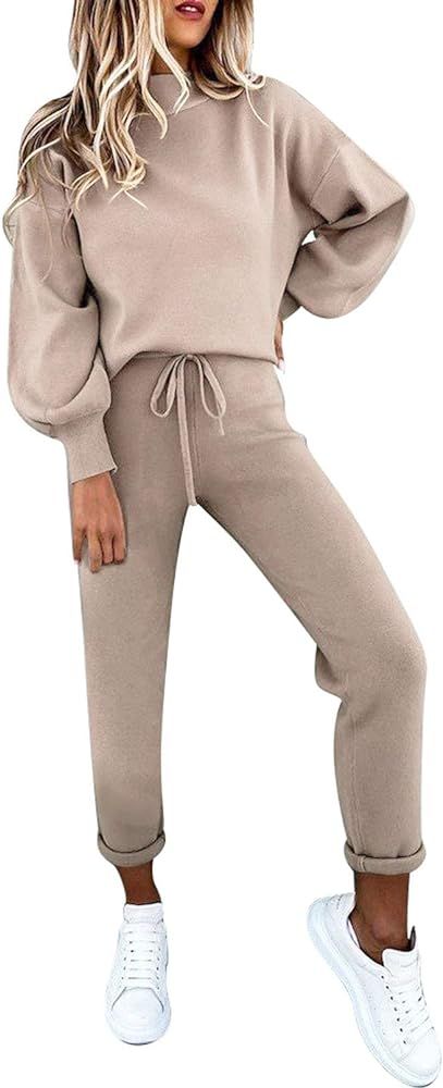 Cutiefox Women's 2 Piece Sweatsuit Outfits Lantern Sleeve Pullover Tops and High Waist Jogger Pan... | Amazon (US)